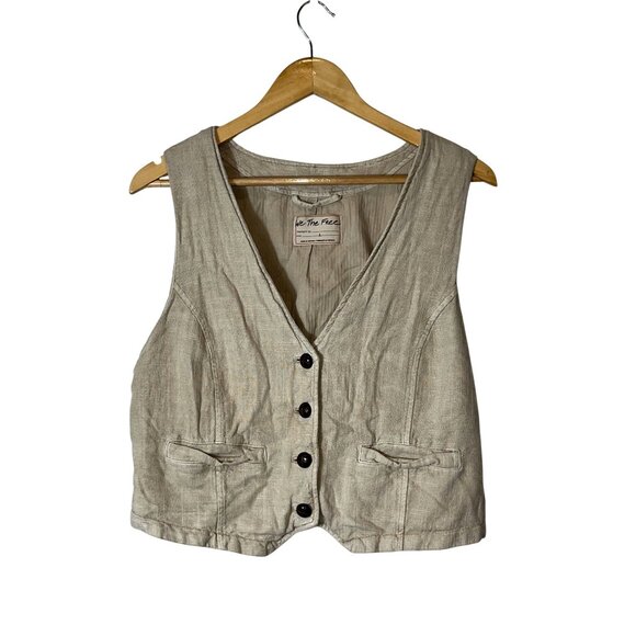 Free People We The Free Charley Linen Vest Summer Khaki Women size Large - Picture 2 of 9